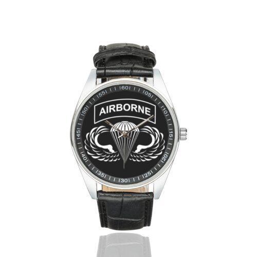 Men's casual watch with a round dial featuring the US Army Airborne Veteran emblem, silver-tone case and black leather strap.
