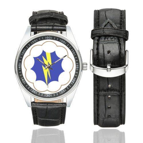 Men's casual watch with a round dial featuring the USA 9 ABN DIV emblem, silver-tone case and black leather strap, shown with the strap to the side.