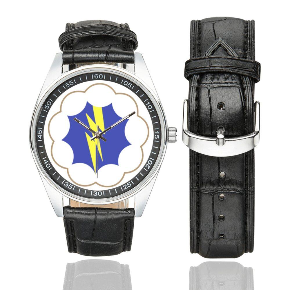 Men's casual watch with a round dial featuring the USA 9 ABN DIV emblem, silver-tone case and black leather strap, shown with the strap to the side.