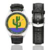 Men's casual watch with a round dial featuring the US 103rd Infantry Division emblem, silver-tone case and black leather strap, shown with the strap to the side.