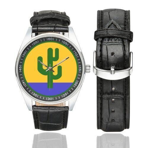 Men's casual watch with a round dial featuring the US 103rd Infantry Division emblem, silver-tone case and black leather strap, shown with the strap to the side.