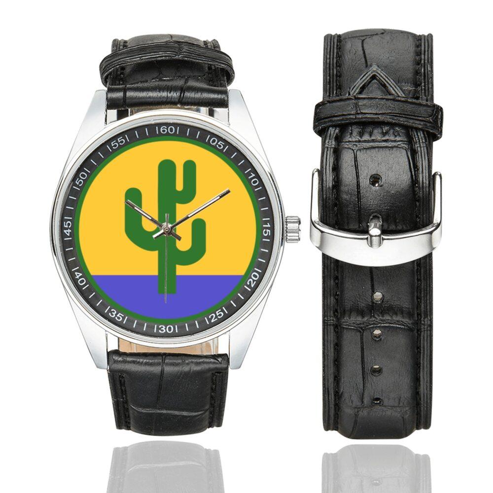 Men's casual watch with a round dial featuring the US 103rd Infantry Division emblem, silver-tone case and black leather strap, shown with the strap to the side.