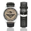Men's casual watch with a round dial featuring the Commando marine Intervention emblem, silver-tone case and black leather strap, shown with the strap to the side.