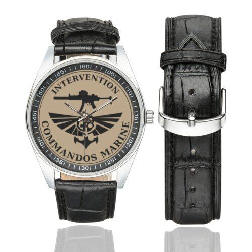 Men's casual watch with a round dial featuring the Commando marine Intervention emblem, silver-tone case and black leather strap, shown with the strap to the side.