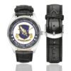 Men's casual watch with a round dial featuring the US Army 504th Parachute Infantry Regt. veteran emblem, silver-tone case and black leather strap, shown with the strap to the side.