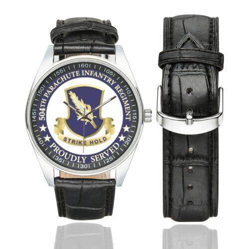 Men's casual watch with a round dial featuring the US Army 504th Parachute Infantry Regt. veteran emblem, silver-tone case and black leather strap, shown with the strap to the side.