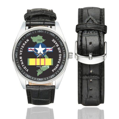 Men's casual watch with a round dial featuring the Phan Rang Vietnam Veteran emblem, silver-tone case and black leather strap, shown with the strap to the side.