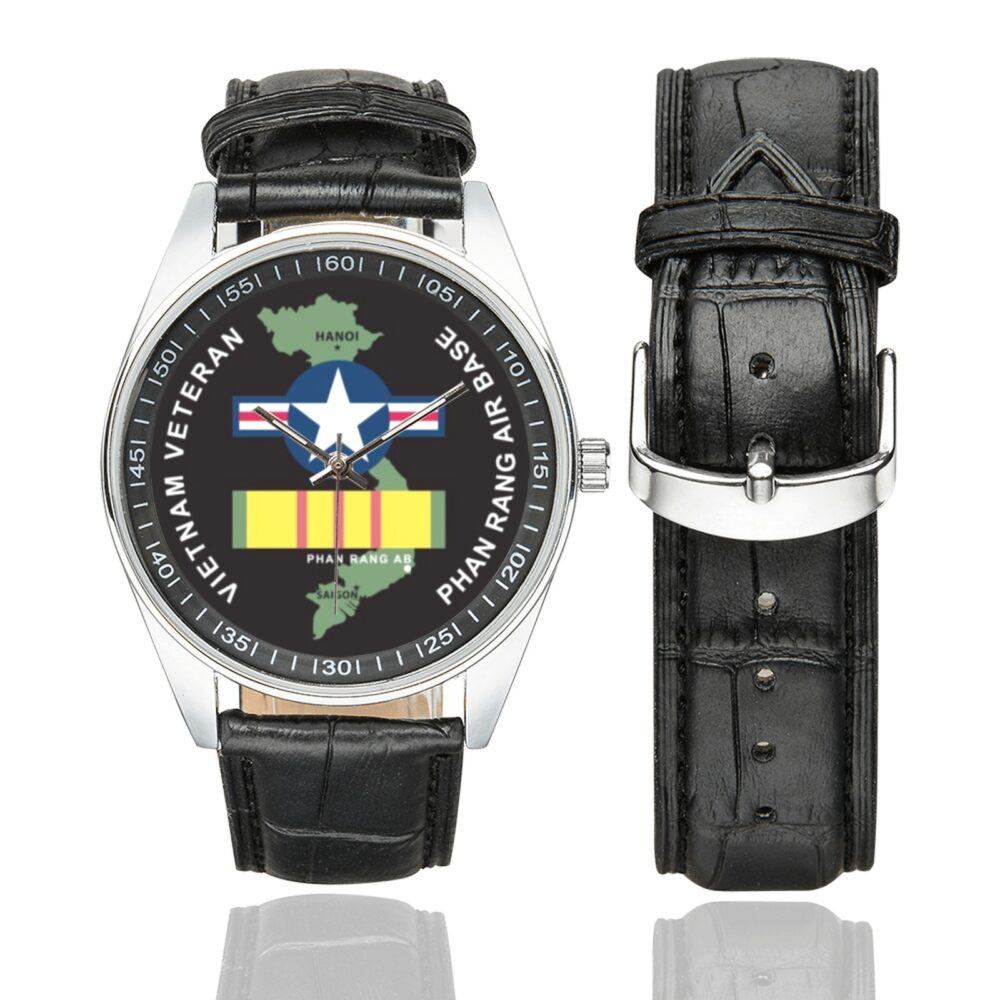 Men's casual watch with a round dial featuring the Phan Rang Vietnam Veteran emblem, silver-tone case and black leather strap, shown with the strap to the side.