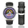 Men's casual watch with a round dial featuring the CIA Vault 7 Cyber Warfare emblem, silver-tone case and black leather strap, shown with the strap to the side.
