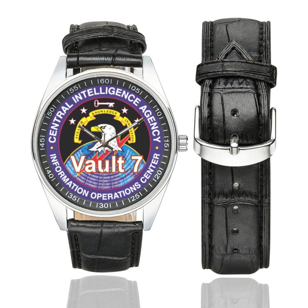 Men's casual watch with a round dial featuring the CIA Vault 7 Cyber Warfare emblem, silver-tone case and black leather strap, shown with the strap to the side.