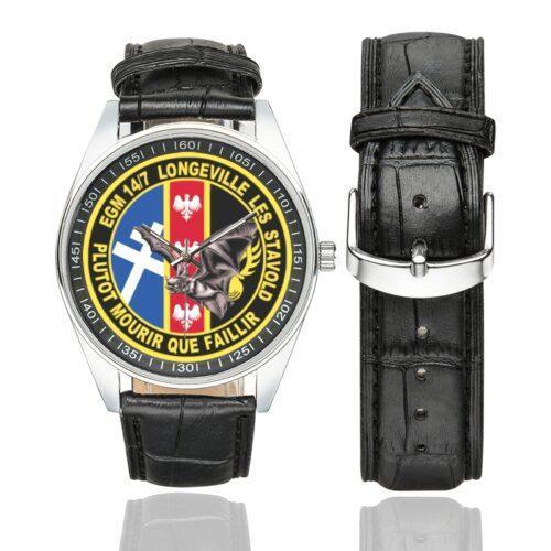 Men's casual watch with a round dial featuring the EGM 14-7 Longeville-les-Saint-Avold emblem, silver-tone case and black leather strap, shown with the strap to the side.