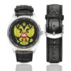 Men's casual watch with a round dial featuring the Russian Arms Soviet emblem, silver-tone case and black leather strap, shown with the strap to the side.