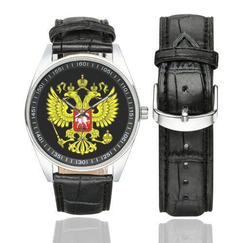 Men's casual watch with a round dial featuring the Russian Arms Soviet emblem, silver-tone case and black leather strap, shown with the strap to the side.