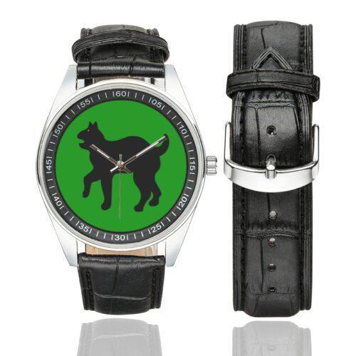Men's casual watch with a round dial featuring the US Army 81st Infantry Division SSI emblem, silver-tone case and black leather strap, shown with the strap to the side.