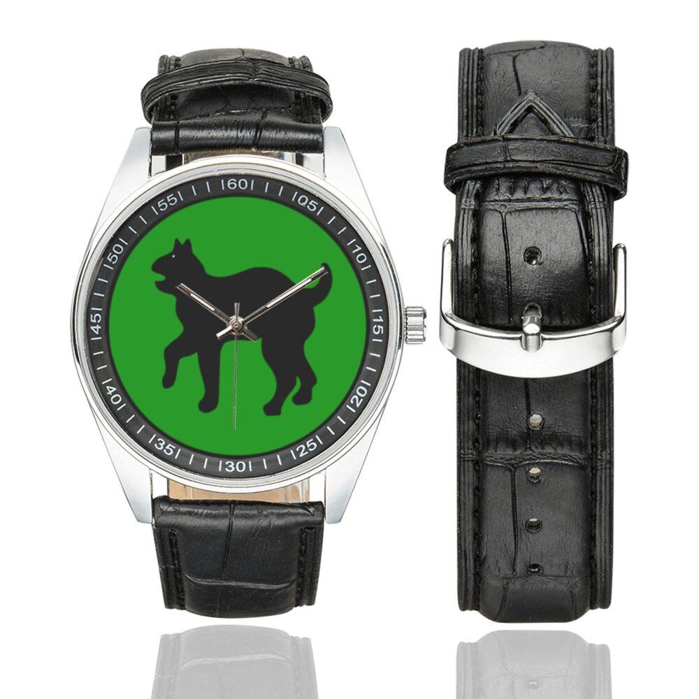 Men's casual watch with a round dial featuring the US Army 81st Infantry Division SSI emblem, silver-tone case and black leather strap, shown with the strap to the side.