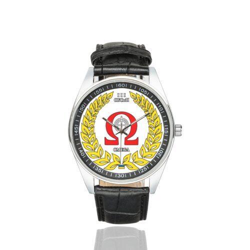 Men's casual watch with a round dial featuring the 3rd Special Purpose Battalion of the International Legion Ω team emblem, silver-tone case and black leather strap.