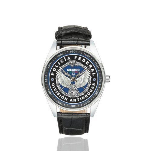 Men's casual watch with a round dial featuring the Mexican Federal Police Narcotics Division emblem, silver-tone case and black leather strap.