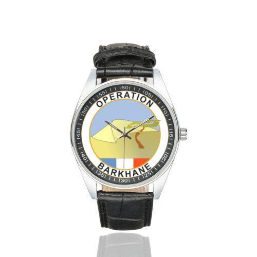 Men's casual watch with a round dial featuring the Opération Barkhane emblem, silver-tone case and black leather strap.