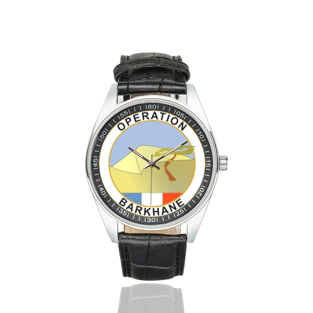 Men's casual watch with a round dial featuring the Opération Barkhane emblem, silver-tone case and black leather strap.