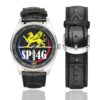 Men's casual watch with a round dial featuring the Sections de Protection et d'Intervention de 4e Génération (SPI4G) emblem, silver-tone case and black leather strap, shown with the strap to the side.