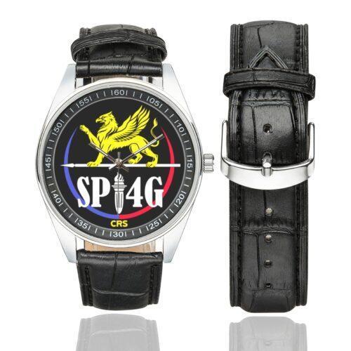 Men's casual watch with a round dial featuring the Sections de Protection et d'Intervention de 4e Génération (SPI4G) emblem, silver-tone case and black leather strap, shown with the strap to the side.