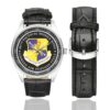 Men's casual watch with a round dial featuring the GLCM 487th Tactical Missile Wing emblem, silver-tone case and black leather strap, shown with the strap to the side.