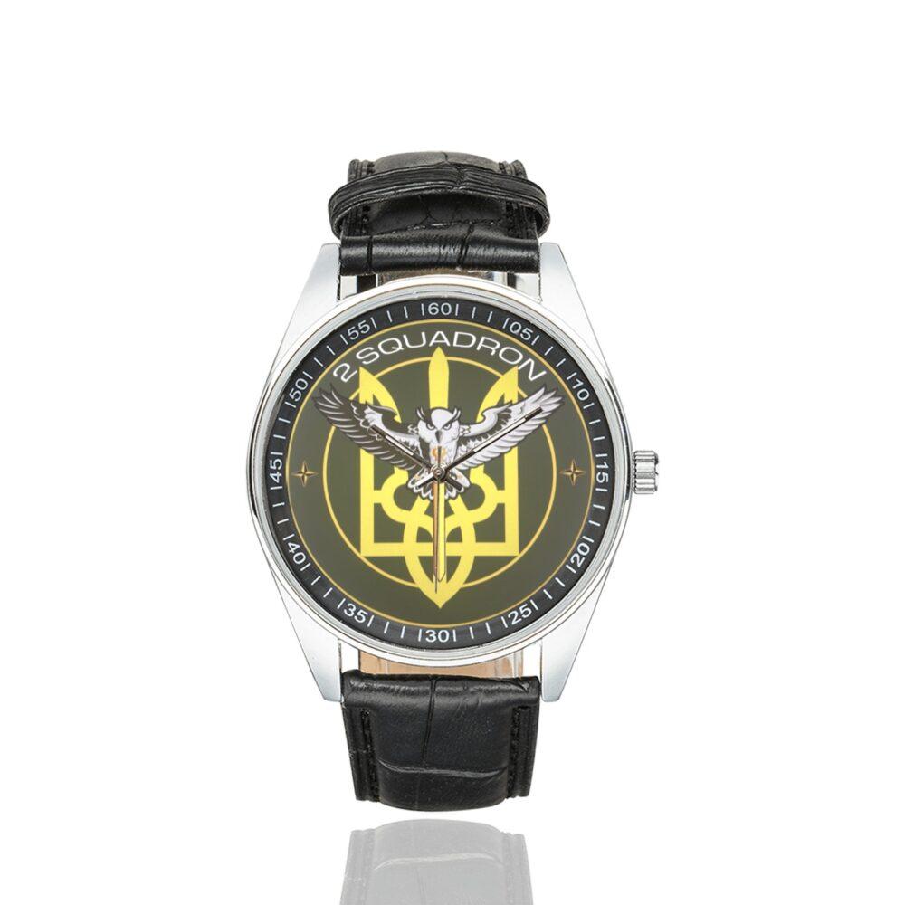 Men's casual watch with a round dial featuring the 2nd Squadron of International Legion emblem, silver-tone case and black leather strap.