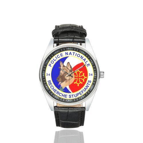 Men's casual watch with a round dial featuring the PNRS 34 emblem, silver-tone case and black leather strap.