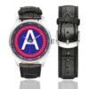 Men's casual watch with a round dial featuring the US-3A-SSI emblem, silver-tone case and black leather strap, shown with the strap to the side.