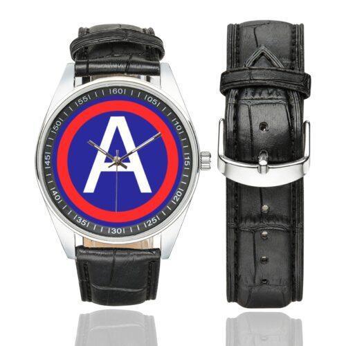 Men's casual watch with a round dial featuring the US-3A-SSI emblem, silver-tone case and black leather strap, shown with the strap to the side.