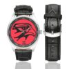Men's casual watch with a round dial featuring the USAF 350th ARS emblem, silver-tone case and black leather strap, shown with the strap to the side.