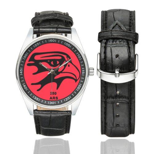 Men's casual watch with a round dial featuring the USAF 350th ARS emblem, silver-tone case and black leather strap, shown with the strap to the side.