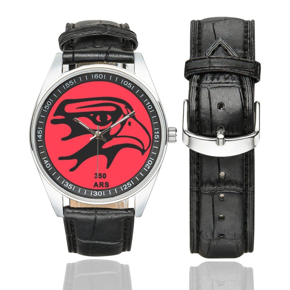 Men's casual watch with a round dial featuring the USAF 350th ARS emblem, silver-tone case and black leather strap, shown with the strap to the side.