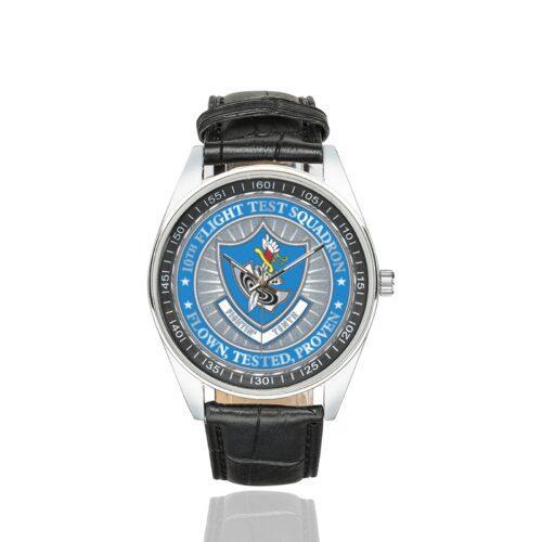 Men's casual watch with a round dial featuring the USAF 10th Flight Test Squadron emblem, silver-tone case and black leather strap.