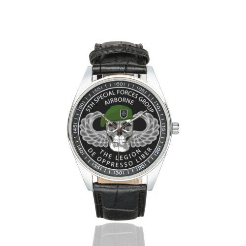 Men's casual watch with a round dial featuring the 5th-special-forces emblem, silver-tone case and black leather strap.