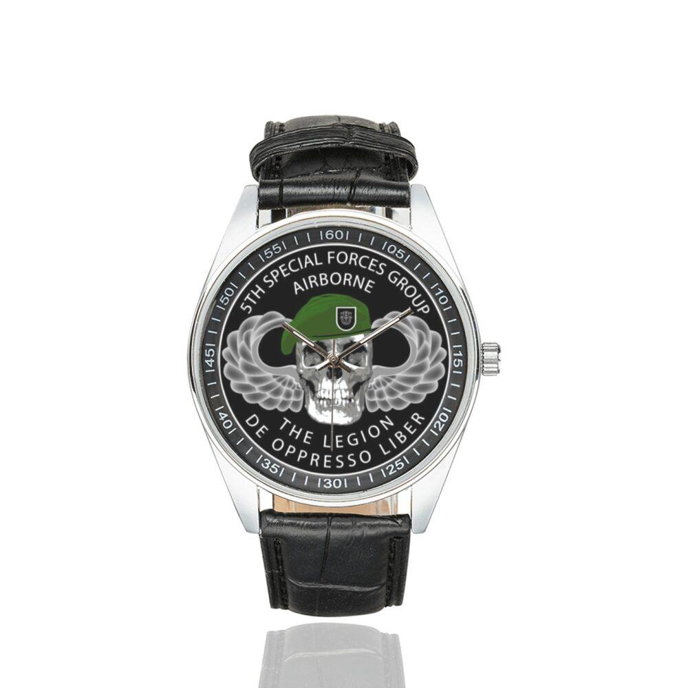 Men's casual watch with a round dial featuring the 5th-special-forces emblem, silver-tone case and black leather strap.