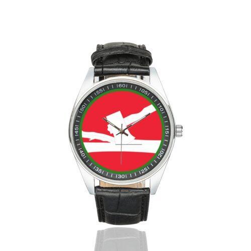 Men's casual watch with a round dial featuring the US 84th Infantry Division emblem, silver-tone case and black leather strap.
