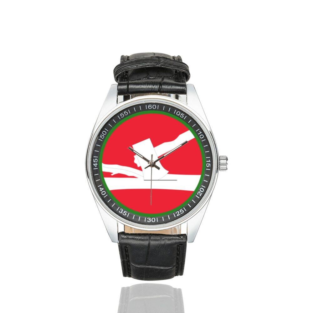 Men's casual watch with a round dial featuring the US 84th Infantry Division emblem, silver-tone case and black leather strap.