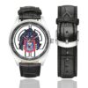 Men's casual watch with a round dial featuring the US Army 505th Parachute Infantry Regt. emblem, silver-tone case and black leather strap, shown with the strap to the side.