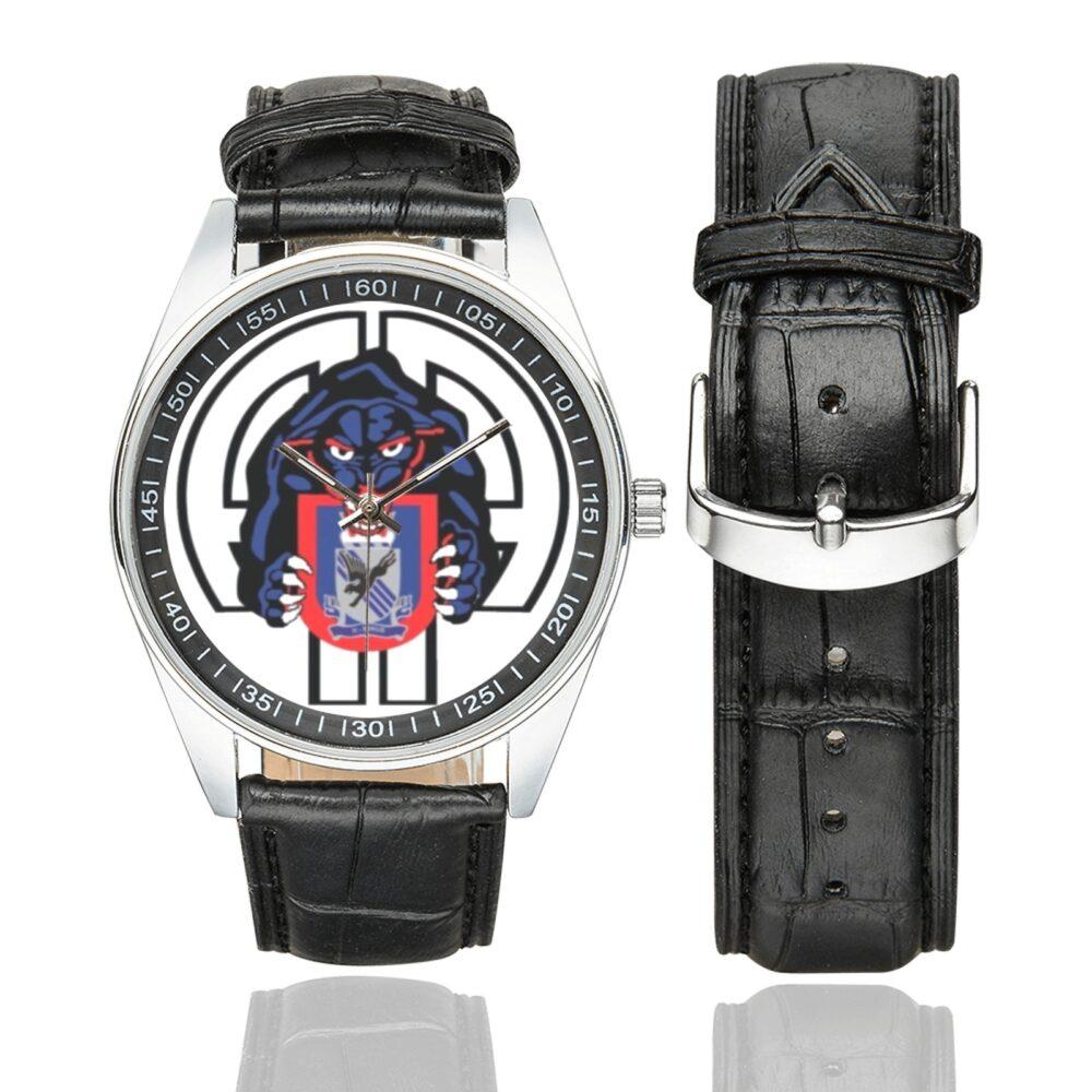Men's casual watch with a round dial featuring the US Army 505th Parachute Infantry Regt. emblem, silver-tone case and black leather strap, shown with the strap to the side.