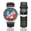 Men's casual watch with a round dial featuring the CPMGN emblem, silver-tone case and black leather strap, shown with the strap to the side.