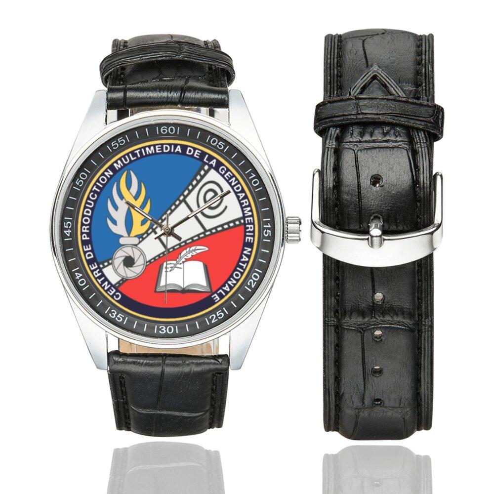Men's casual watch with a round dial featuring the CPMGN emblem, silver-tone case and black leather strap, shown with the strap to the side.