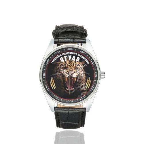 Men's casual watch with a round dial featuring the 1st Battalion of Operational Assignment emblem, silver-tone case and black leather strap.