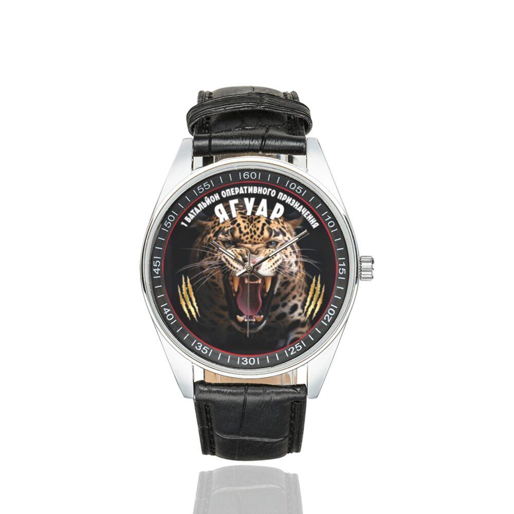 Men's casual watch with a round dial featuring the 1st Battalion of Operational Assignment emblem, silver-tone case and black leather strap.