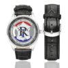 Men's casual watch with a round dial featuring the SCRT emblem, silver-tone case and black leather strap, shown with the strap to the side.