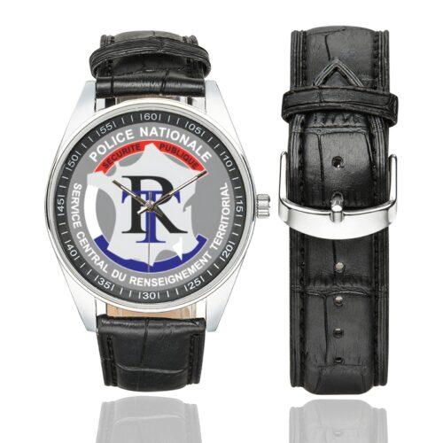 Men's casual watch with a round dial featuring the SCRT emblem, silver-tone case and black leather strap, shown with the strap to the side.