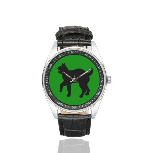 Men's casual watch with a round dial featuring the US Army 81st Infantry Division SSI emblem, silver-tone case and black leather strap.