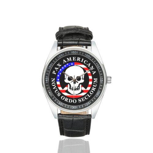 Men's casual watch with a round dial featuring the American Dream Justice New World Order emblem, silver-tone case and black leather strap.