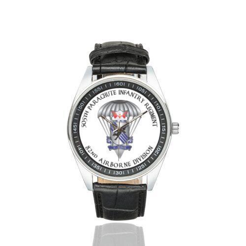 Men's casual watch with a round dial featuring the US Army 505th Parachute Infantry Regt. emblem, silver-tone case and black leather strap.