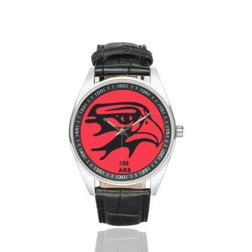 Men's casual watch with a round dial featuring the USAF 350th ARS emblem, silver-tone case and black leather strap.